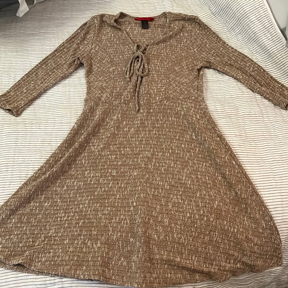Beige Tie Chest Hot Kiss Mid Sleeve Lightweight sweater dress